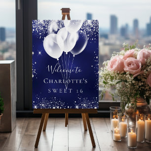 Sweet 16 navy blue white balloons welcome foam board