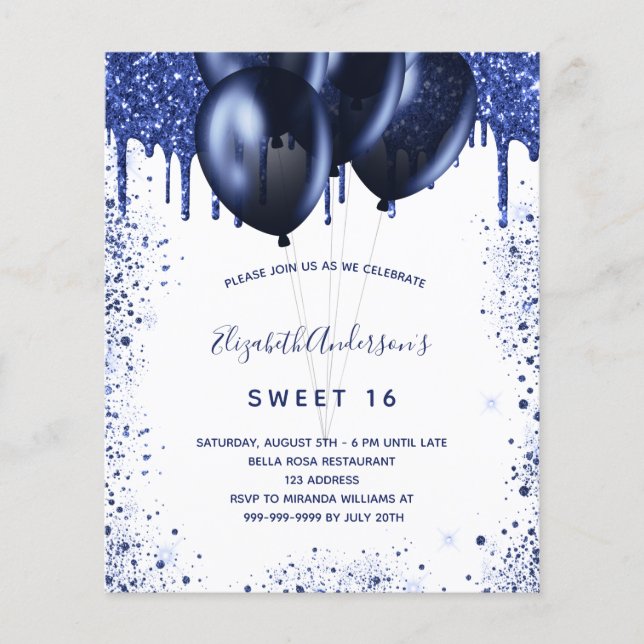 Sweet 16 navy blue white budget invitation flyer (Front)