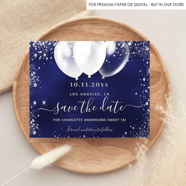 Sweet 16 navy blue white budget save date flyer (Creator Uploaded)