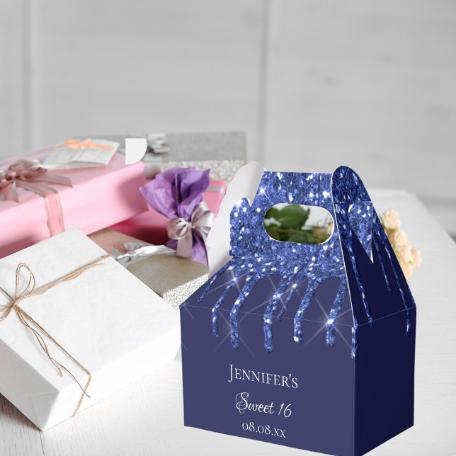 Sweet 16 navy blue white glitter drips favor boxes (Creator Uploaded)