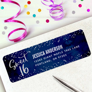 Sweet 16 Navy Watercolor Silver Birthday Address Label