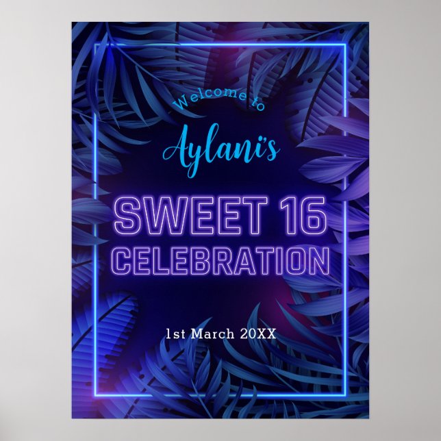 Sweet 16 Neon Glow Birthday Party Welcome Poster (Front)