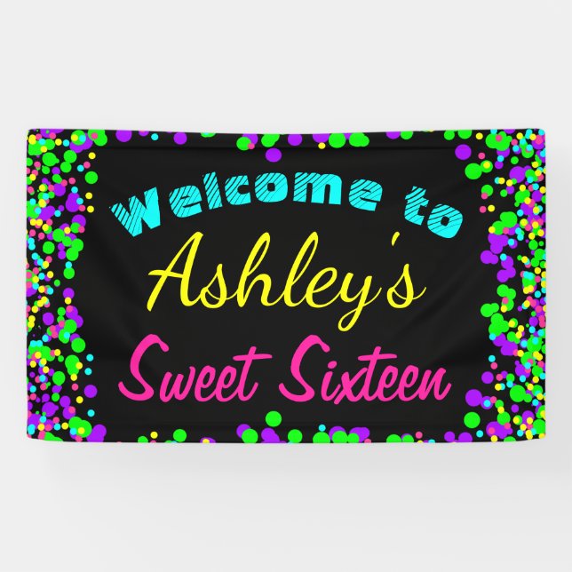 Sweet 16 Neon Glow Confetti Birthday Party Banner (Horizontal)