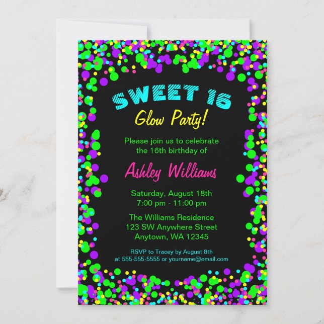 Sweet 16 Neon Glow Confetti Birthday Party Invitation (Front)