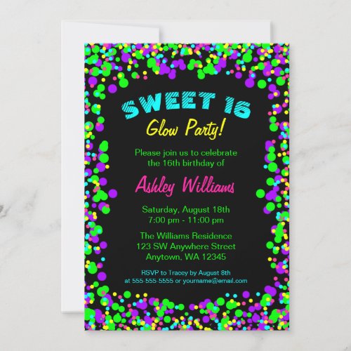 Sweet 16 Neon Glow Confetti Birthday Party Invitation