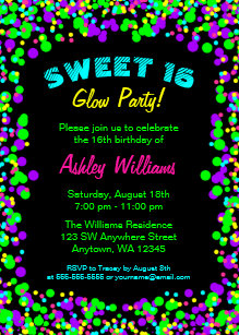 sweet 16 neon glow confetti birthday party invitation