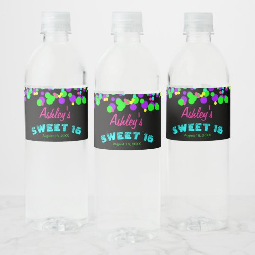 Sweet 16 Neon Glow Confetti Birthday Party Water Bottle Label