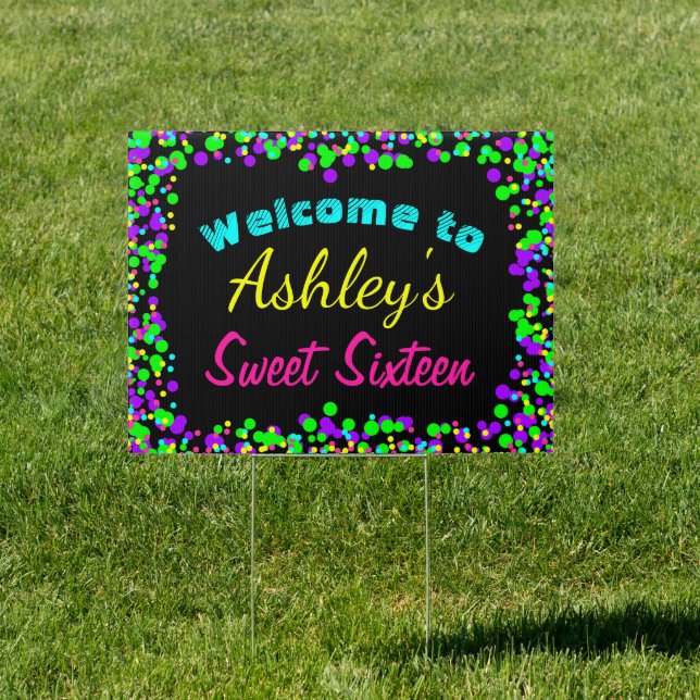 Sweet 16 Neon Glow Confetti Birthday Party Yard Sign (Insitu)