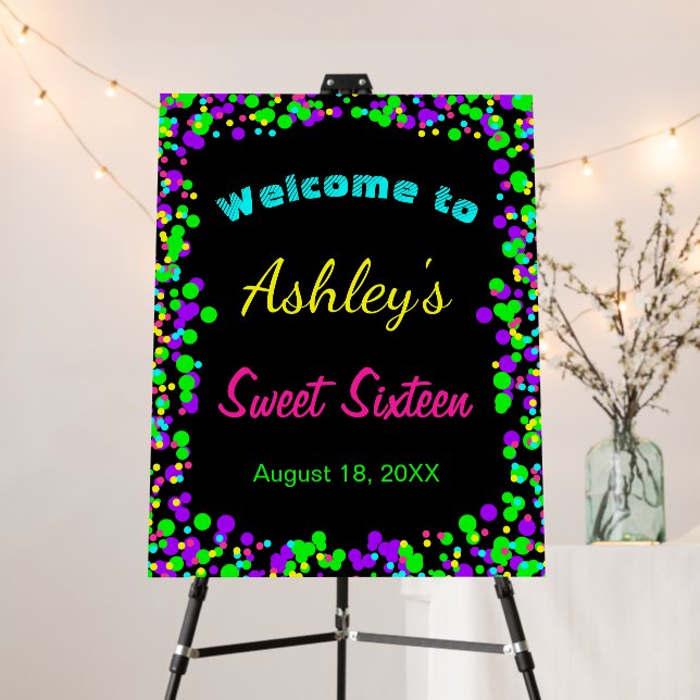 Sweet 16 Neon Glow Confetti Birthday Welcome Sign (In Situ (Stand))