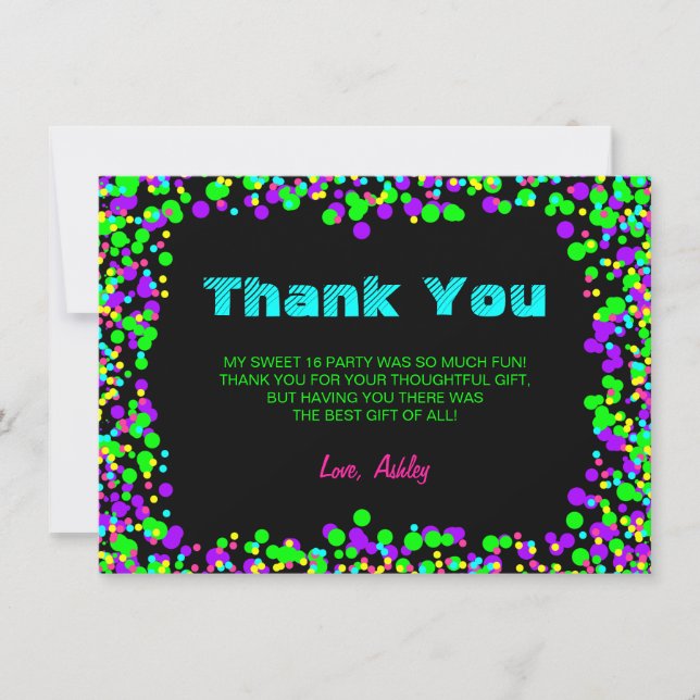 Sweet 16 Neon Glow Confetti Thank You Card (Front)