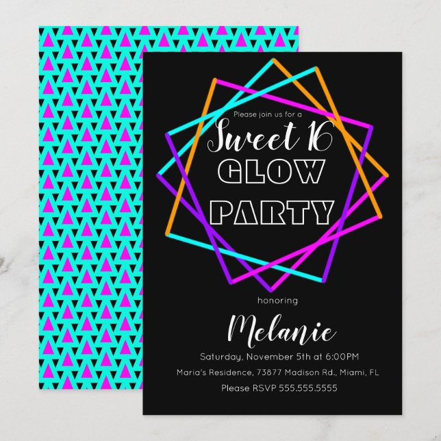 Sweet 16 Neon Glow In The Dark Multi Laser Invitation (Front/Back)