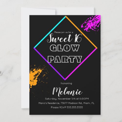 Sweet 16 Neon Glow In The Dark Multi Laser Paint  Invitation