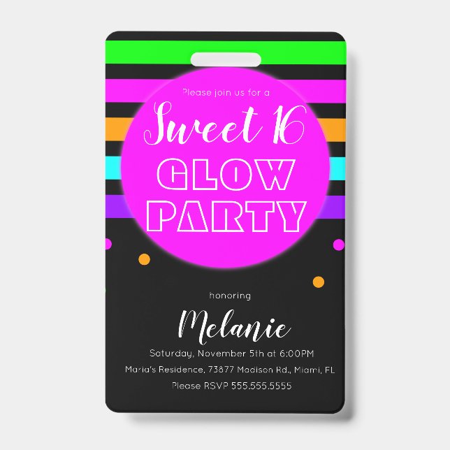 Sweet 16 Neon Glow Party Birthday Pass ID Badge (Front)