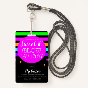 Sweet 16 Neon Glow Party Birthday Pass ID Badge