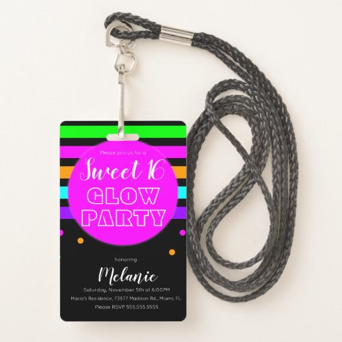 Sweet 16 Neon Glow Party Birthday Pass ID Badge