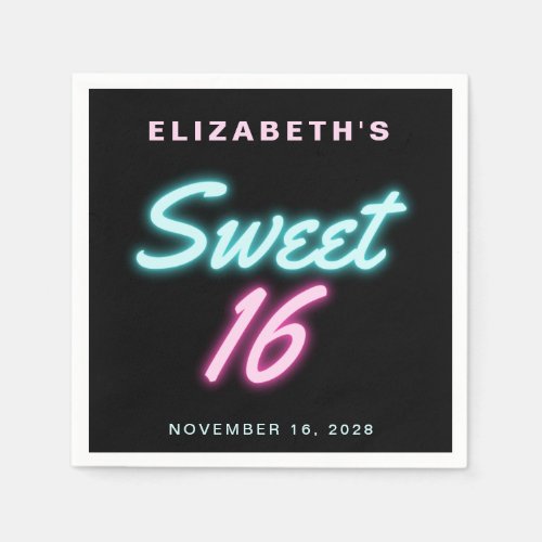 Sweet 16 Neon Lights Birthday Party Napkins