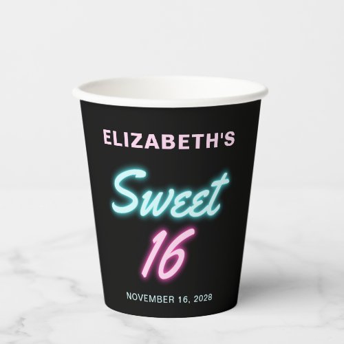 Sweet 16 Neon Lights Birthday Party Paper Cups