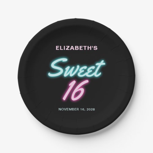 Sweet 16 Neon Lights Birthday Party Paper Plates