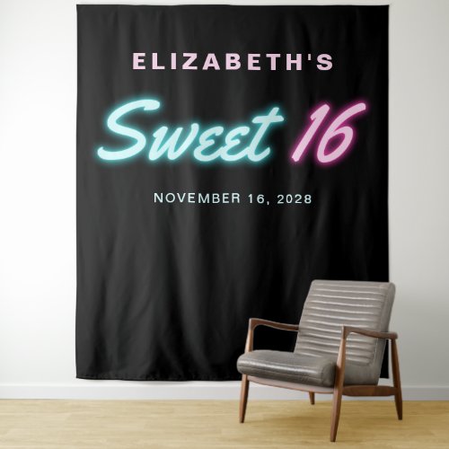 Sweet 16 Neon Lights Birthday Party Tapestry