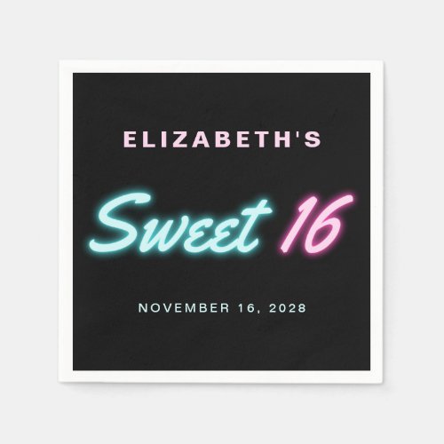 Sweet 16 Neon Lights Black Birthday Party Napkins