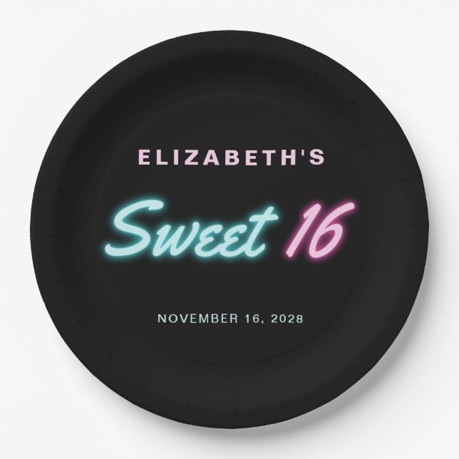 Sweet 16 Neon Lights Black Birthday Party Paper Plates (Front)