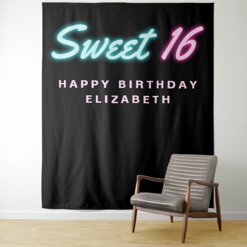 Sweet 16 Neon Lights Black Birthday Party Tapestry
