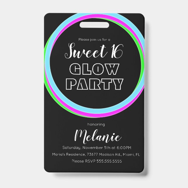 Sweet 16 Neon Party Glow Birthday Pass ID  Badge (Front)