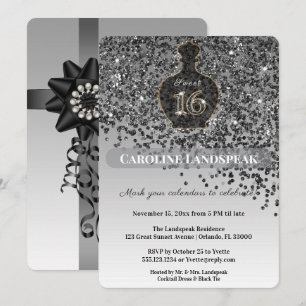 Sweet 16 Noir Perfume Bottle Black Glitter Silver Invitation