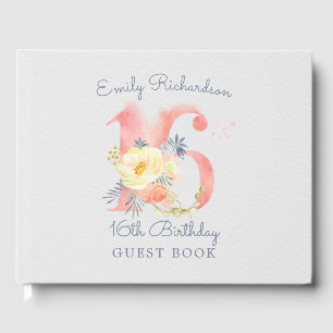 Sweet 16 Number 16 Blush Pink Floral 16th Birthday Guest Book