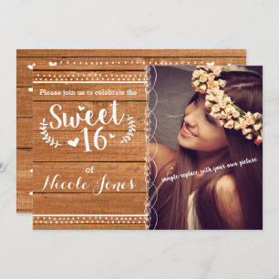 SWEET 16 Oak Wood Rustic Party Photo Invitation