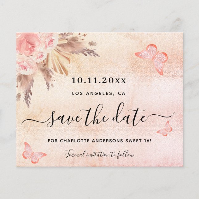 Sweet 16 pampas blush budget save the date flyer (Front)