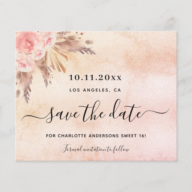 Sweet 16 pampas blush budget save the date flyer (Front)