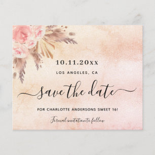 Sweet 16 pampas blush save the date card