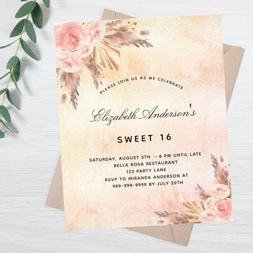 Sweet 16 pampas grass blush budget invitation flyer
