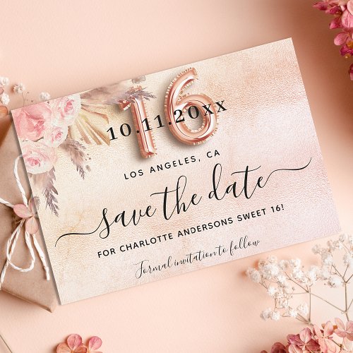 Sweet 16 pampas grass rose gold florals save the date