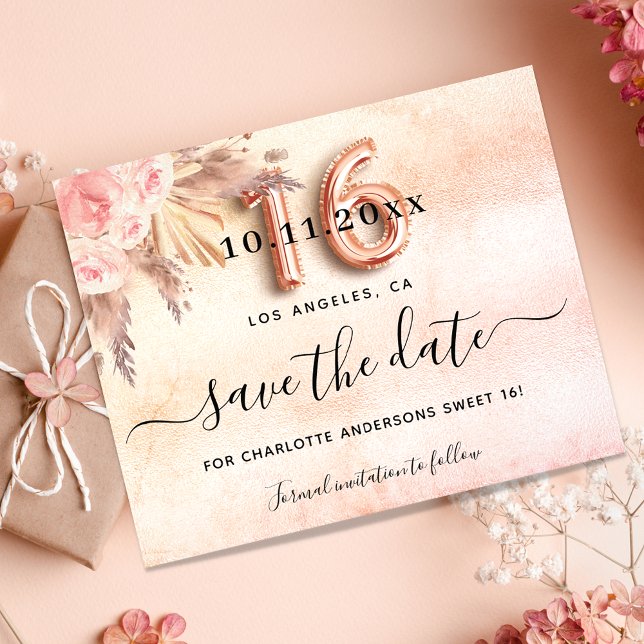 Sweet 16 pampas rose gold save the date card (Creator Uploaded)