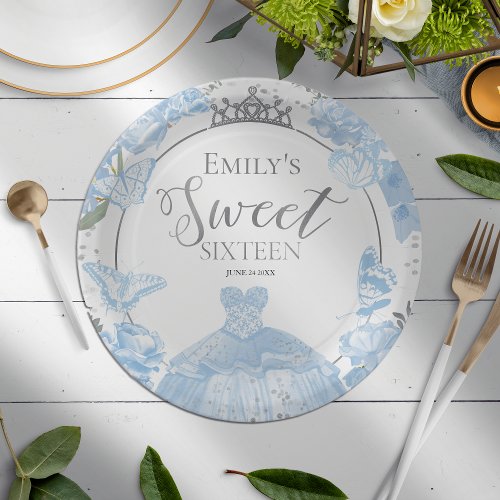 Sweet 16 Paper Plates Butterfly Dusty Blue Dress 