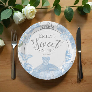 Sweet 16 Paper Plates Butterfly Dusty Blue Dress