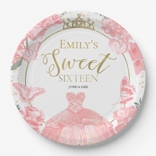 Sweet 16 Paper Plates Butterfly Pink Dress Floral 