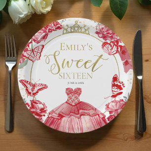Sweet 16 Paper Plates Butterfly Red Dress Floral 