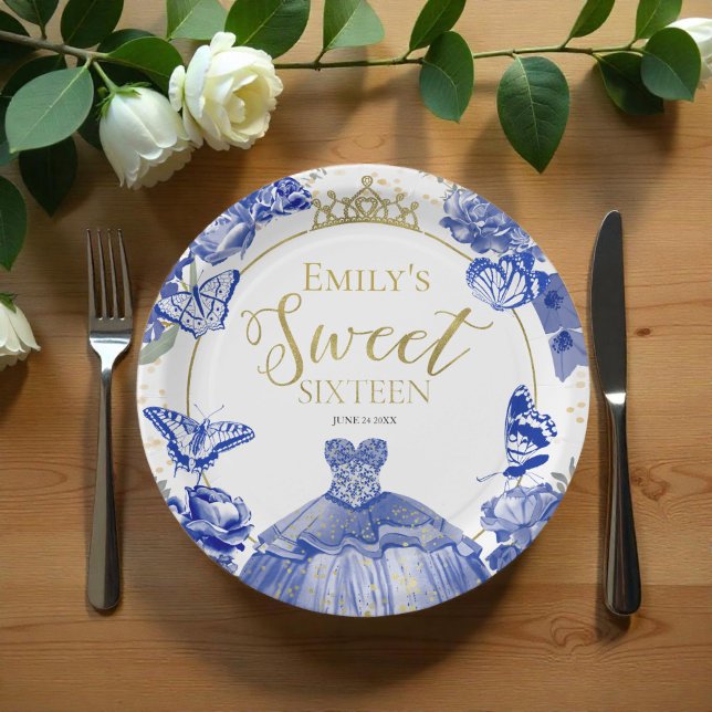 Sweet 16 Paper Plates Butterfly Royal Blue Dress (Creator Uploaded)