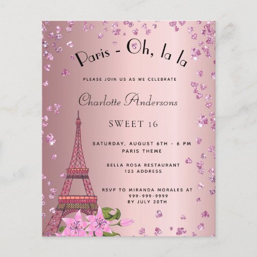 Sweet 16 Paris blush pink Eiffel budget invitation Flyer