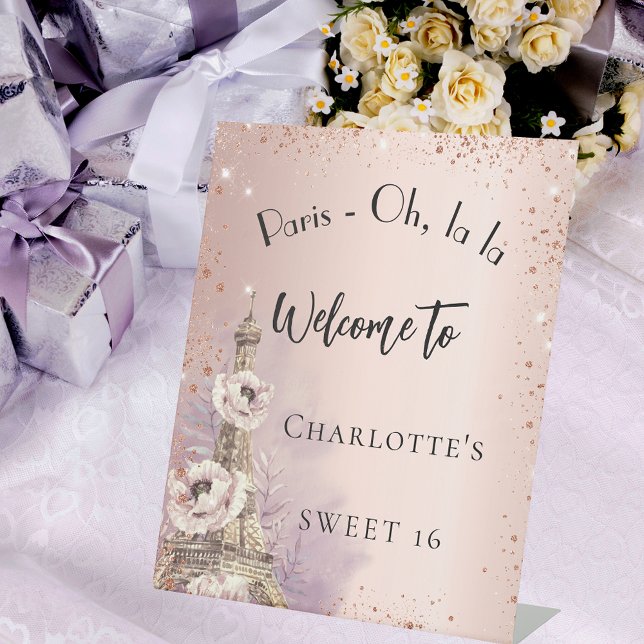 Sweet 16 Paris eiffel tower rose gold welcome Pedestal Sign (Creator Uploaded)