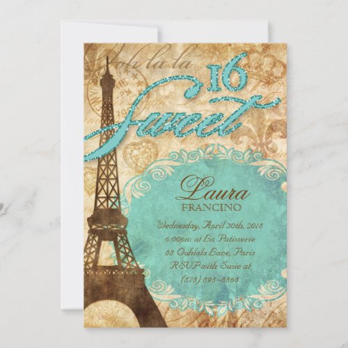 Sweet 16 Paris Invite Eiffel Tower Vintage Blue Te
