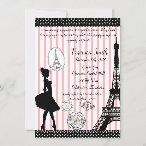 Sweet 16 Paris Passport Pink  Black Invitation