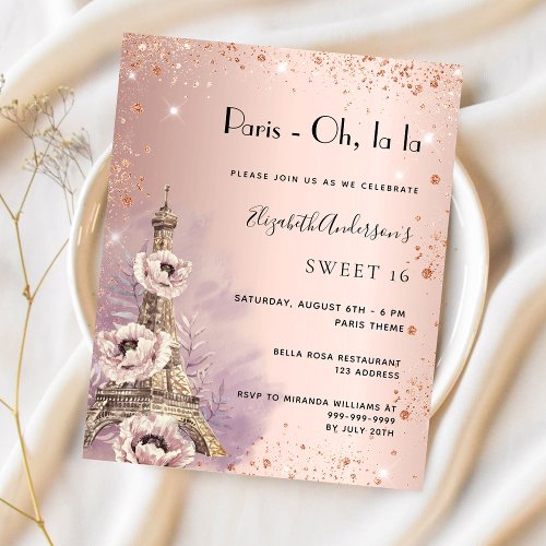 Sweet 16 Paris rose gold Eiffel tower invitation