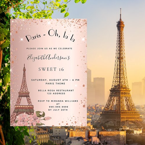 Sweet 16 Paris rose gold Eiffel tower luxuy Invitation