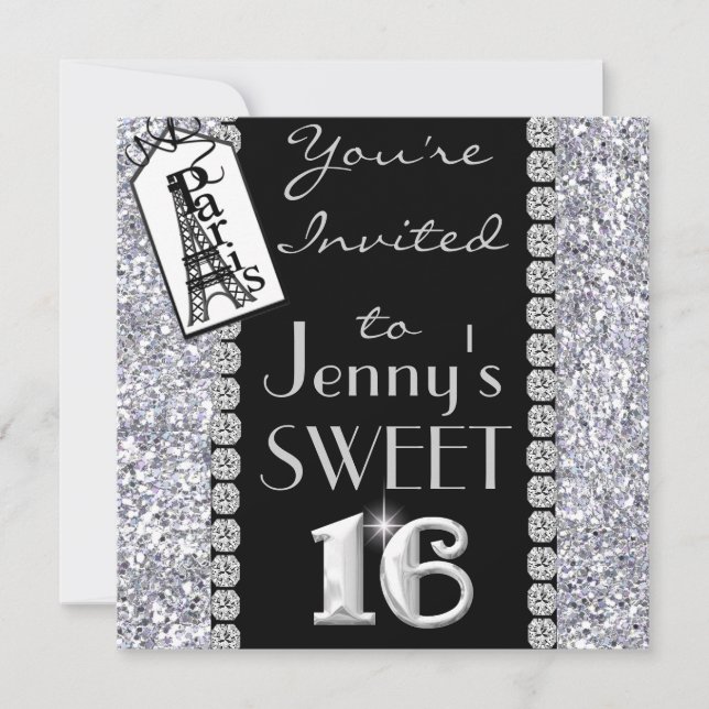 SWEET 16 Paris Theme Bling Party Invitation (Front)