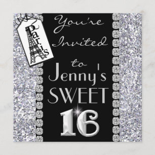 SWEET 16 Paris Theme Bling Party Invitation