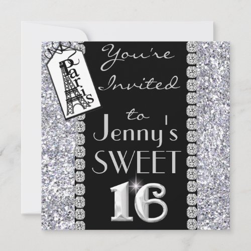 SWEET 16 Paris Theme Bling Party Invitation